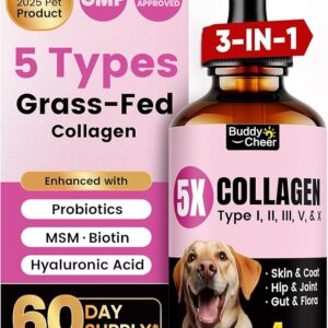 Premium Collagen for Dogs & Cats - 5 Types of Grass-Fed Collagen (I, II, III, V & X) - Tally Dog Colágeno Drops Plus MSM, Biotin & Hyaluronic Acid for Skin, Coat, Joints, Allergy & Itch Relief – 120ml